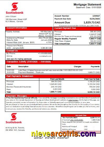 Canada Scotiabank bank mortgage statement